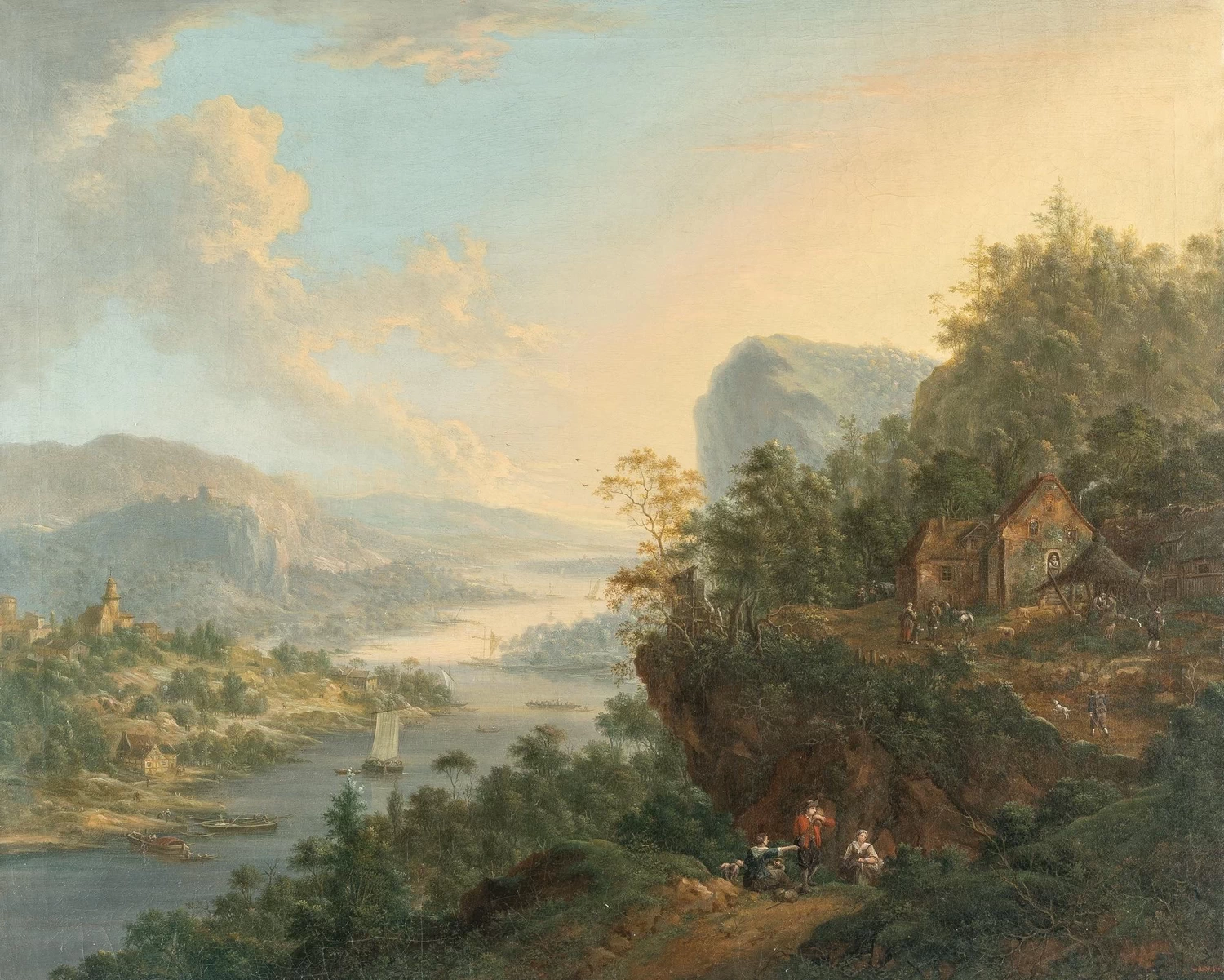 Johann Christian Vollerdt - Paesaggio renano con velieri e barche